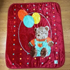 Vintage Novatex Bear Balloons Baby Blanket Red Fleece Plush Teddy - No Tags